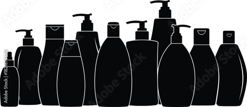 Black silhouette collection of cosmetic bottles, pump dispensers, flip-top containers, toiletry packaging, skincare mockup, hygiene product design, cad drawing flat vector illustration