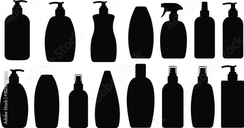 Black silhouette set of pump bottles, spray containers, capped packaging, toiletry shapes, hygiene product mockup, cad drawing flat vector illustration, cosmetic design elements