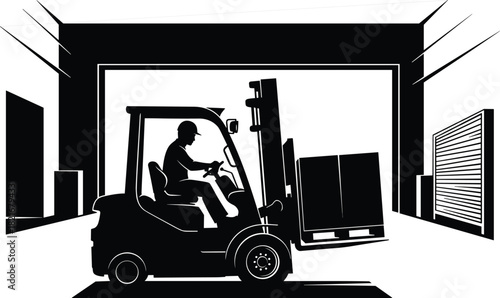 Forklift operator silhouette in warehouse, lifting pallet boxes, industrial logistics, safety gear, cad drawing flat vector illustration, material handling equipment concept