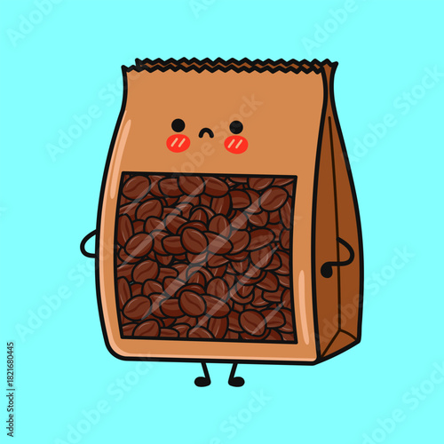 Cute coffee bag cartoon character looking sad