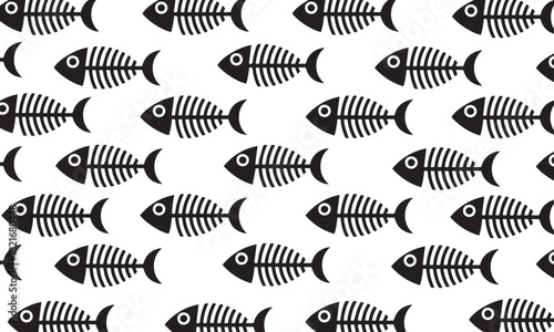 Seamless Fish Skeleton Pattern. Black and white vector background with repeating fishbone icons for textile and wallpaper design.