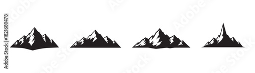 Mountain silhouette icon set. Vector collection of black rocky peak logos for adventure, travel, and outdoor brands.