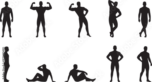 Set of black vector silhouettes Muscular Man Vector Set. Collection of male bodybuilder and fitness model poses. Isolated character icon pack for gym and workout themes.