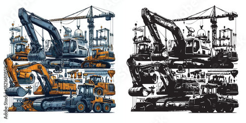 Vector and silhouette set of heavy equipment on white background