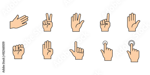 A versatile set of 10 vector hand gesture icons with a clean, flat outline style. Hand Gesture Icon Set. Vector Collection of Counting, Pointing, and Touch Screen Signs for UI Design.