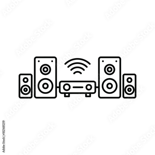 Wireless home theater speaker system icon with receiver and subwoofer