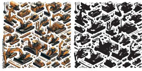 Vector and silhouette set of heavy equipment on white background