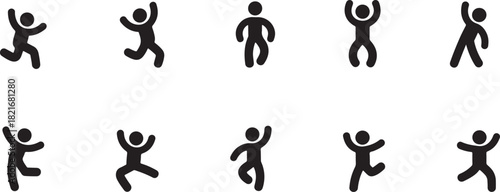 Happy People Stick Figure set of simple black and white vector icons. Vector Collection of Joyful, Dancing, and Jumping Characters for Celebration and Success.