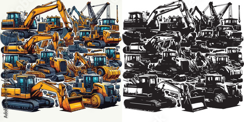 Vector and silhouette set of heavy equipment on white background