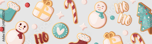 Christmas cookies. New Year's cookie banner. Cookies: snowman, Christmas tree, gift, and stocking. Banner for a website, blog, page, flyer, etc.