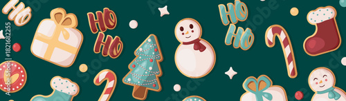 Banner with Christmas cookies. Cookies depicting a snowman, a Christmas tree, a gift, and a sock. Banner for a website, blog, page, flyer, etc.