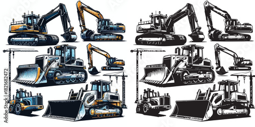 Vector and silhouette set of heavy equipment on white background