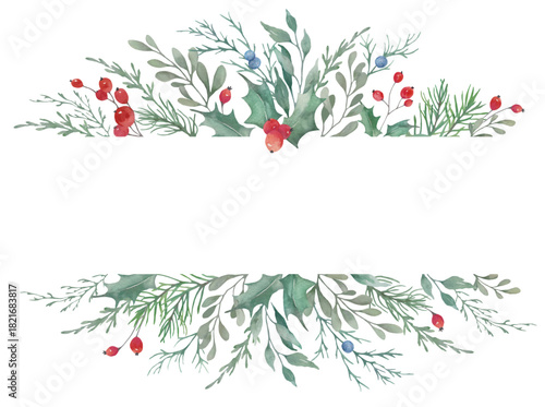 Watercolor Christmas frame. Holiday background. Hand drawn border. Botanical illustration.  Vector EPS.