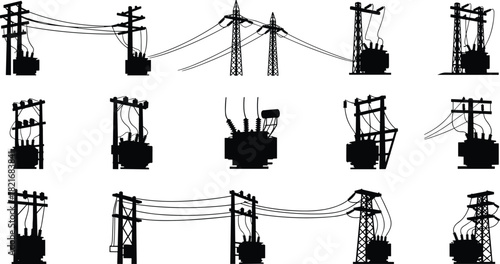 Silhouette illustration of diverse electrical transformers, utility poles, and high-voltage power line structures representing industrial energy distribution and grid infrastructure design
