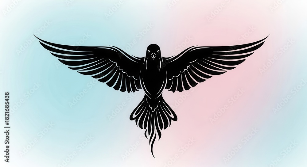 Fototapeta premium A stylized black bird with wings spread wide, set against a soft gradient background. Ideal for artistic and nature-themed projects.