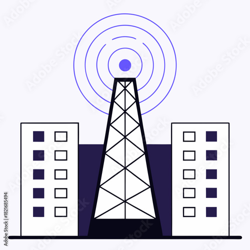 Communication tower broadcasting signals over city buildings