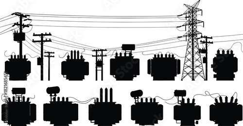 Silhouette illustration of electrical transformers, utility poles, and high-voltage transmission towers showing power distribution, energy infrastructure, and industrial grid components.
