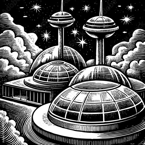 Futuristic cityscape with domes and towers under a starry sky