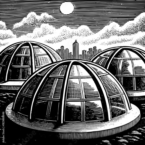 Futuristic domes under a moonlit sky with city skyline