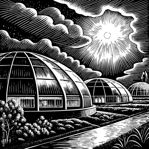Futuristic biodomes under a dramatic sky