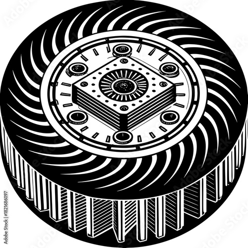 Intricate mechanical device with circular and square components