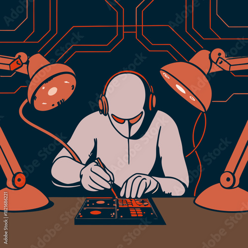 Robot technician working on circuit board under desk lamps
