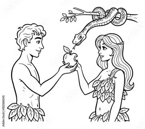 Adam and Eve in the Garden of Eden with forbidden fruit and serpent vector coloring book page illustration