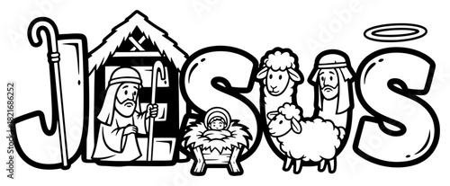Jesus typography with nativity scene elements vector line art for coloring