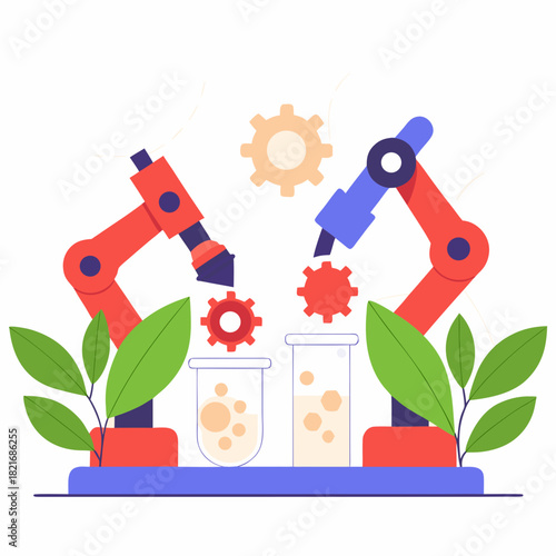 Robotic arms conducting scientific experiments with gears and plants