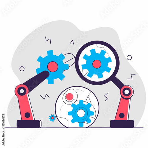 Robotic arms manipulating gears under magnification