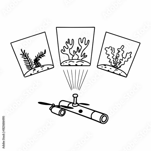 Underwater exploration robot observing marine life in glass containers