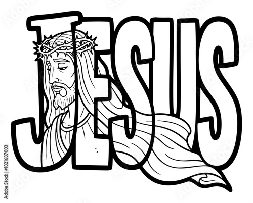 Jesus Christ name text typography with portrait face and thorns crown vector black and white coloring book page illustration