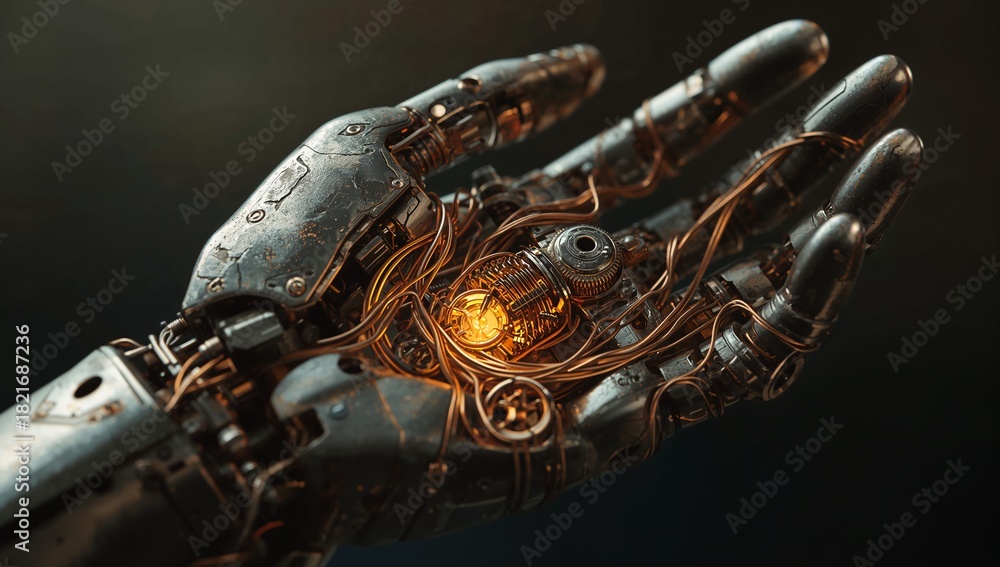 Fototapeta premium Offering weathered metallic robotic hand cradling glowing amber core with copper wiring in studio