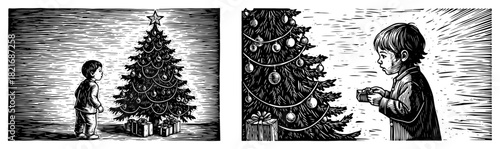 Little boy standing next to decorated christmas tree looking at ornaments vector black and white woodcut scratchboard style illustration