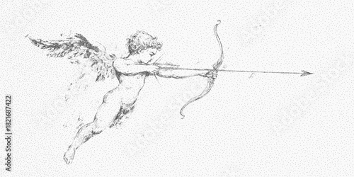 Background with cupid. Faded brush mark with dusty grain soft threshold and scattered grit. Blurry ink texture and subtle scratches cover the rough surface.