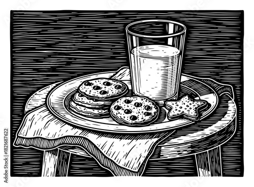 Plate of christmas cookies and glass of milk for santa claus on wooden stool vector linocut illustration