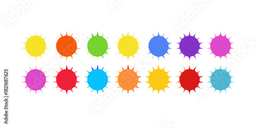 Colorful spiky sun shapes on white background circle