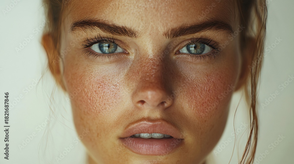Fototapeta premium Close-up portrait of a woman experiencing hormonal changes, with focus on skin. The image captures a realistic and intimate portrayal of female health and well-being, showcasing a natural appearance.