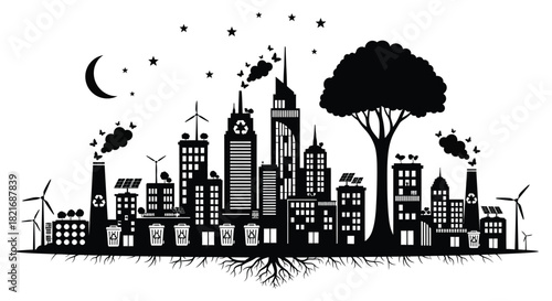 Night city landscape with trees moon stars and industrial elements silhouette
