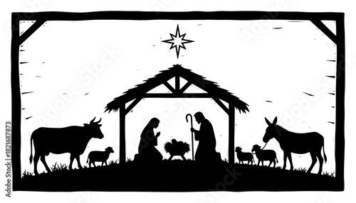 Christmas nativity scene silhouette with holy family and farm animals in stable under star vector black and white linocut illustration