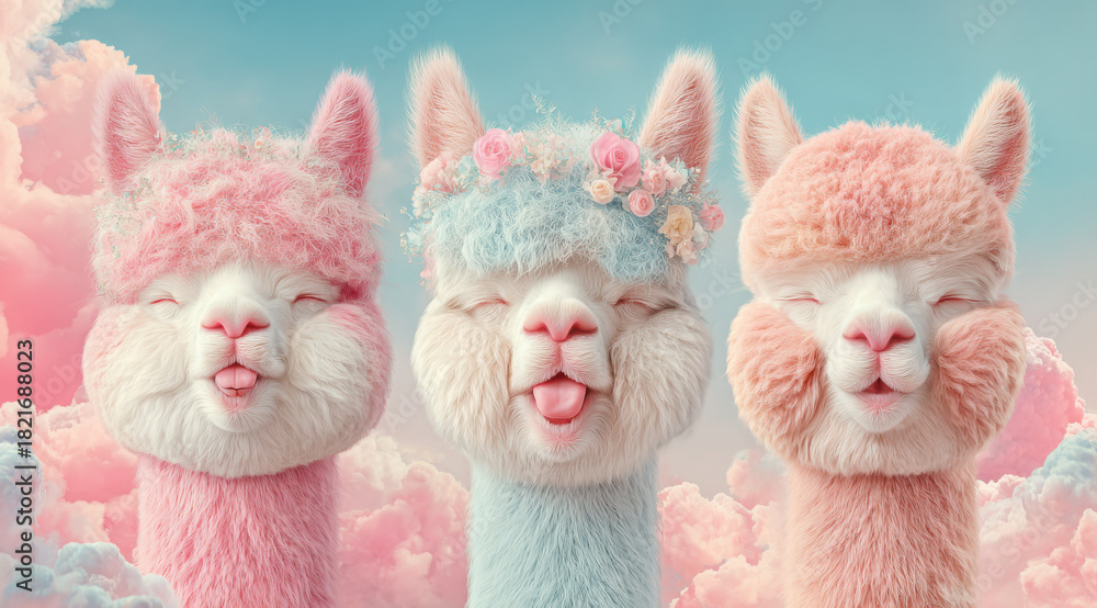 Naklejka premium Drei süße Alpakas in Pastellfarben mit Blumenkranz und verspieltem Gesichtsausdruck vor Wolkenhimmel 