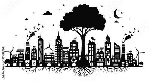 Cityscape with a prominent tree and industrial elements a striking silhouette