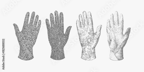 Set of vintage gloves in different designs with stippled fabric texture, grunge outline, aged textile effect and halftone specks on dusty paper.