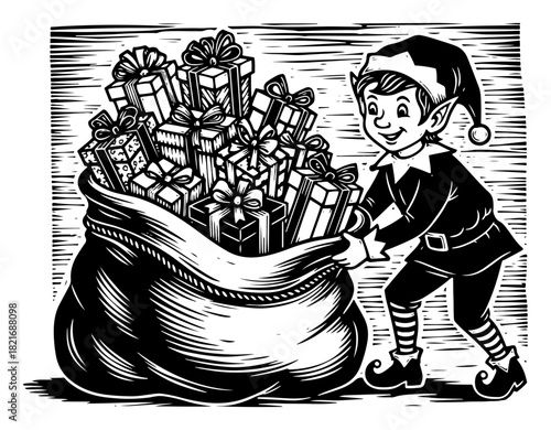 Christmas elf character pulling a large sack full of gift boxes vector illustration in vintage woodcut style