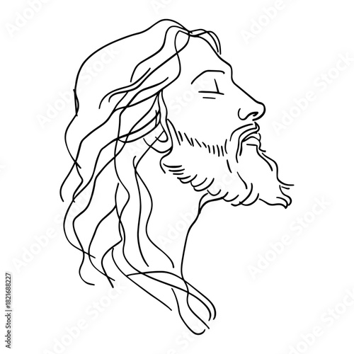 Jesus Christ face profile portrait vector line art sketch with beard and long hair