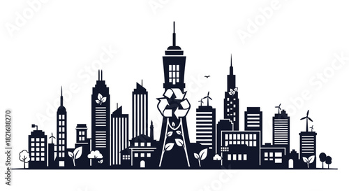 Sustainable city skyline featuring recycling symbol and natural elements silhouette