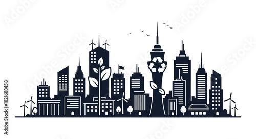 Sustainable city skyline with wind turbines and green elements a striking silhouette