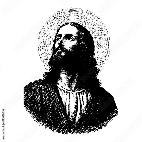 Jesus Christ portrait looking up with halo vector illustration in vintage stipple engraving style
