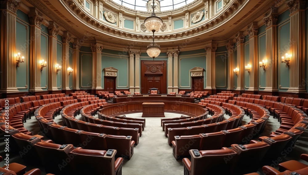 Obraz premium Elegant classical council chamber interior. Rows of brown leather seats curve around central wooden podium. Ornate columns, gilded moldings, chandeliers, wall sconces adorn grand hall. Formal room