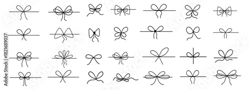 Bow gift ribbon line simple element set, hand drawn doodle stroke ribbon bow, doodle gift bow, gift wrap symbols, vector illustration